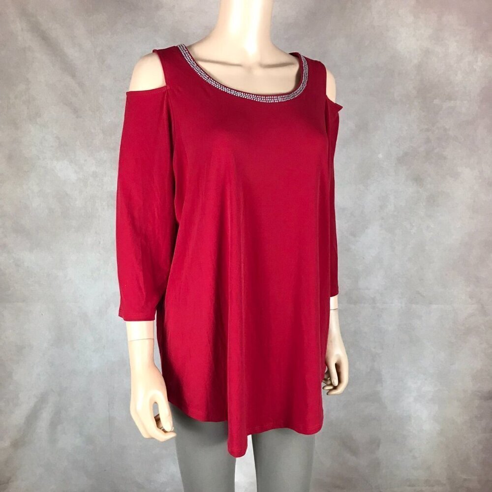 JM COLLECTION Red Cold-Shoulder Studded Knit Top NEW 0X - Picture 6 of 14